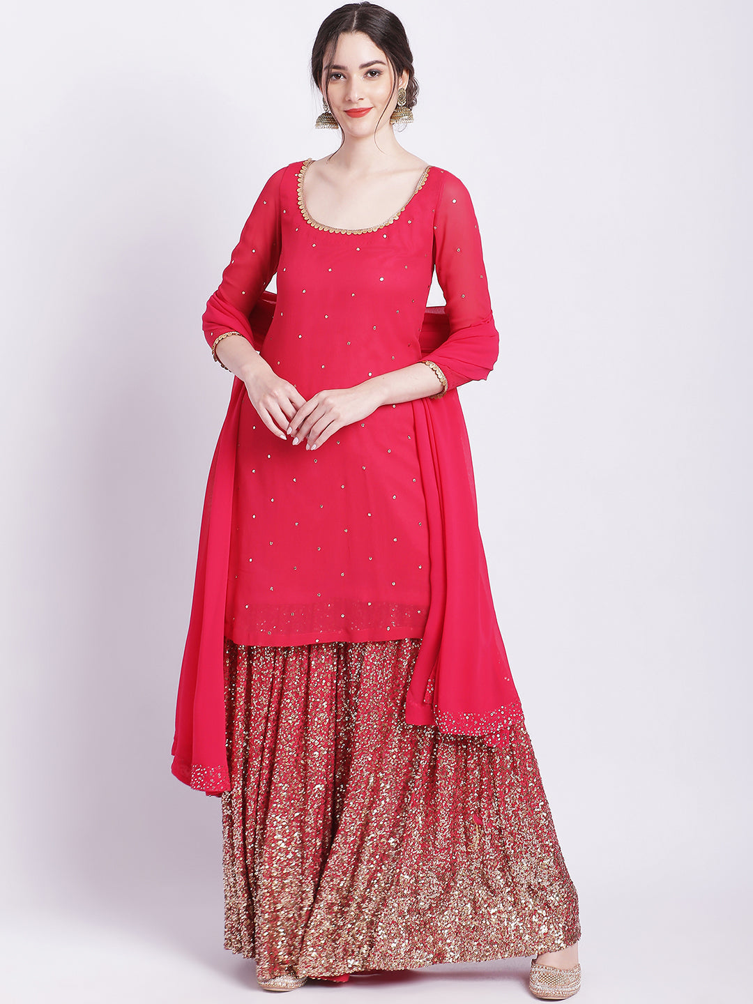 Dark Pink Zari & Sequins Embellished Anarkali kurti with Dupatta, Apsara-5385