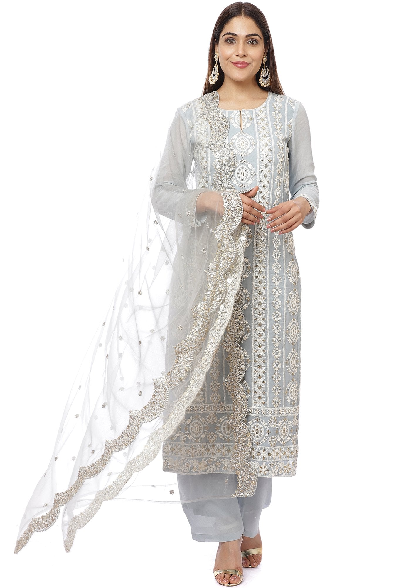 Lucknowi Embroidered Grey Kurti with Straight Palazzo and Scalloped Dupatta