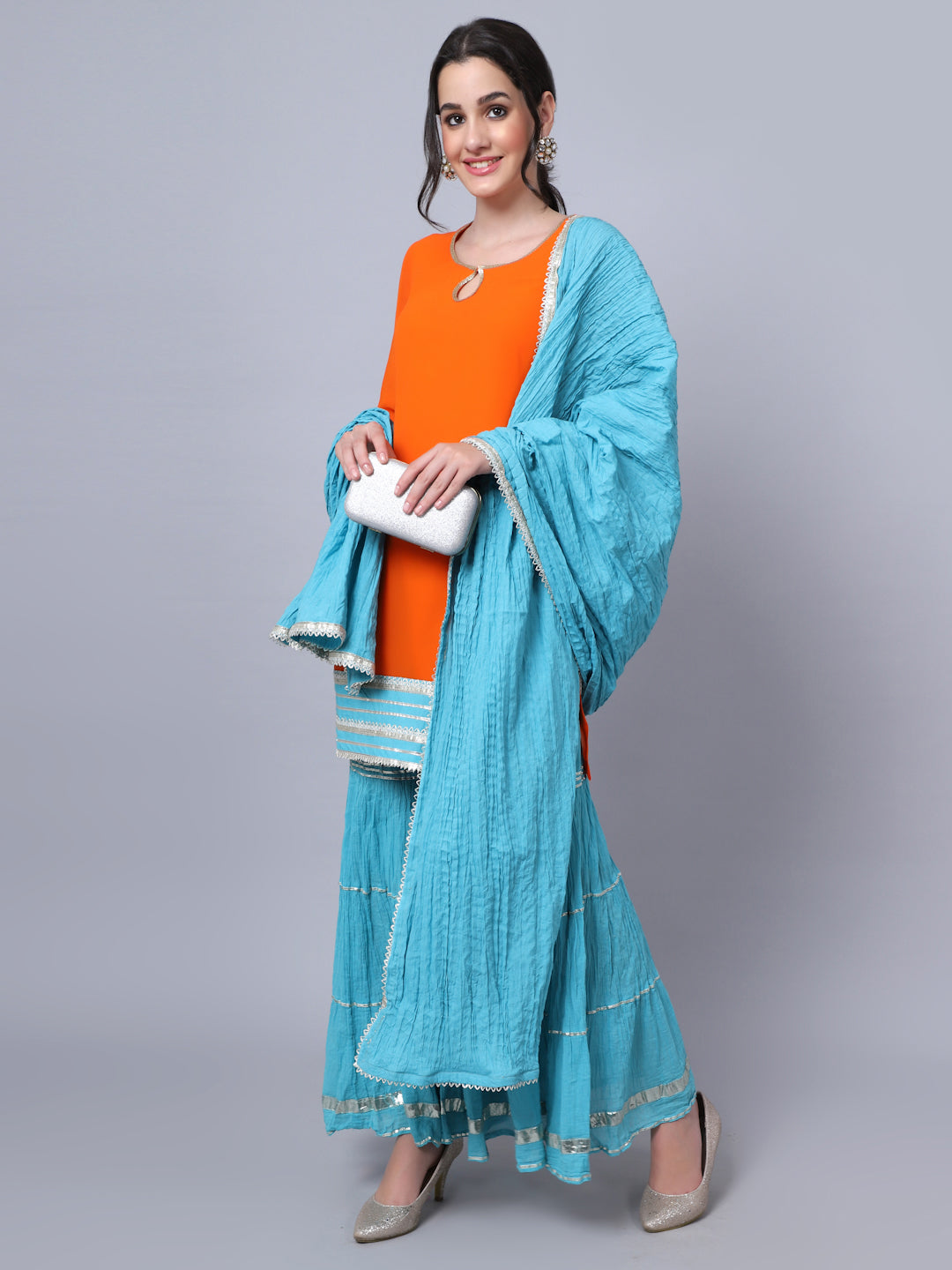 Warm Orange Short Kurti with Blue Gathered Sharara and Dupatta anokherang