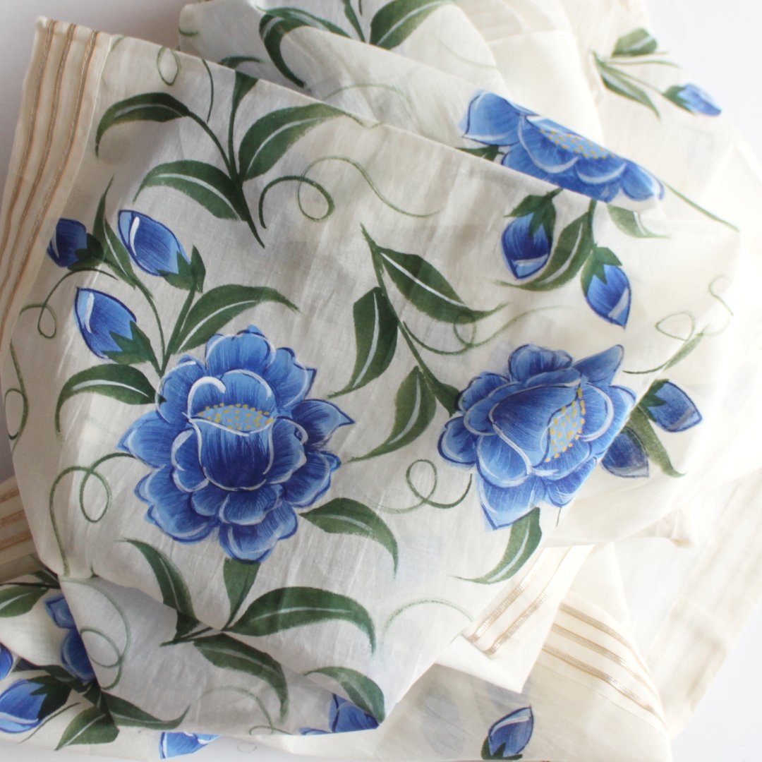 Off-White Blue Floral Hand Painted Cotton Gotta Dupatta – anokherang