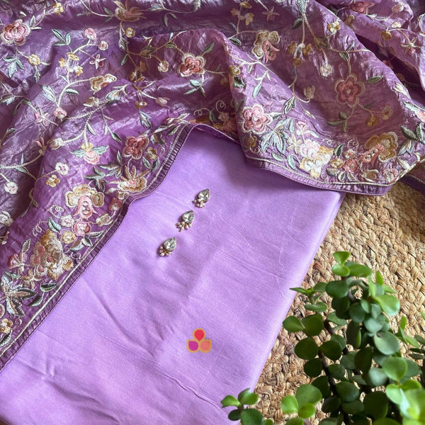 Lilac Green Silk Unstitched Suit with Net Dupatta