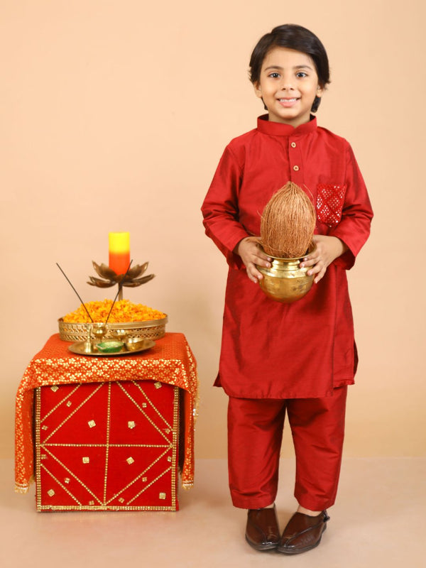 anokherang Boys Kurta Maroon Embroidered Pocket Silk Kurta Pajama