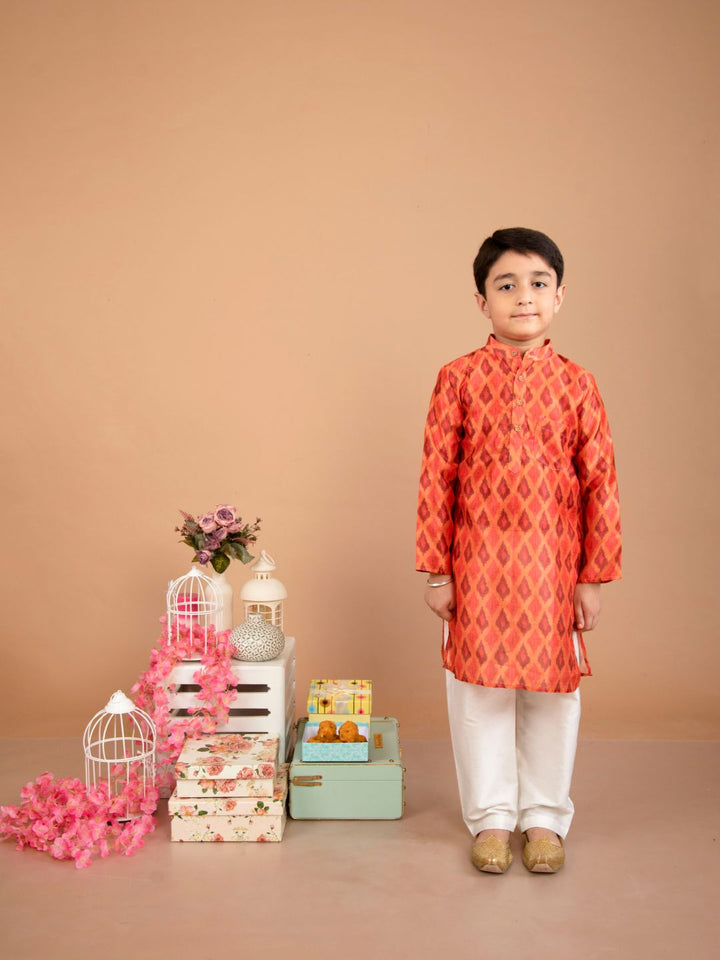 anokherang Boys Kurta Orange Ikkat Silk Kurta Pajama For Boys