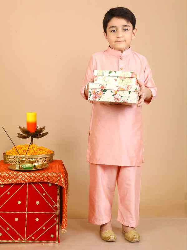 anokherang Boys Kurta Peach Embroidered Pocket Silk Kurta Pajama