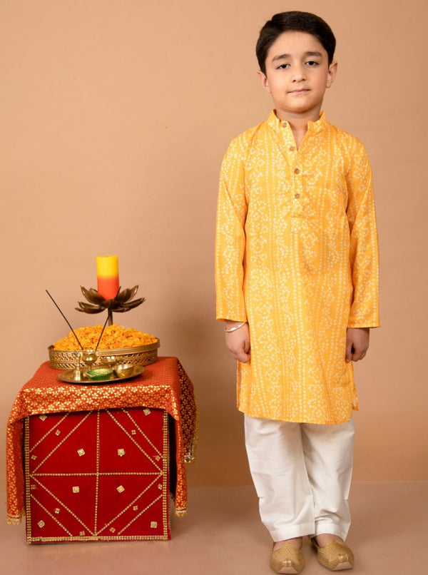 anokherang Boys Kurta Yellow Bandhani Kurta Pajama For Boys