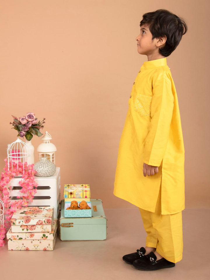 anokherang Boys Kurta Yellow Embroidered Pocket Silk Kurta Pajama