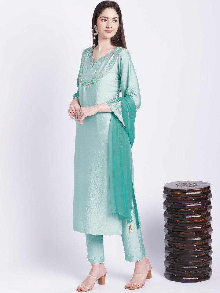 anokherang Combos Aqua Green Banarsi Kurti with Straight Pants