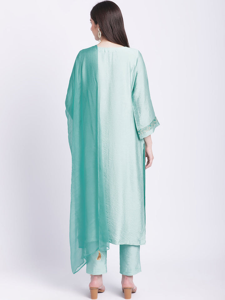 anokherang Combos Aqua Green Banarsi Kurti with Straight Pants