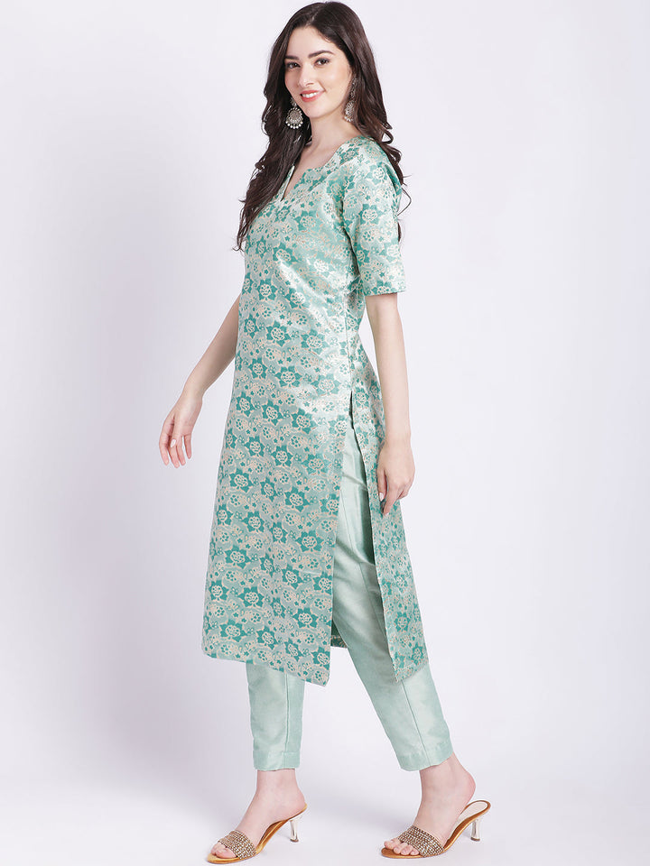 anokherang Combos Aqua Green Banarsi Straight Kurti with Pants