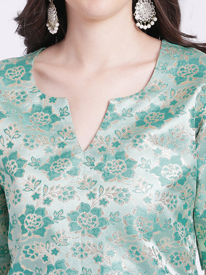 anokherang Combos Aqua Green Banarsi Straight Kurti with Pants