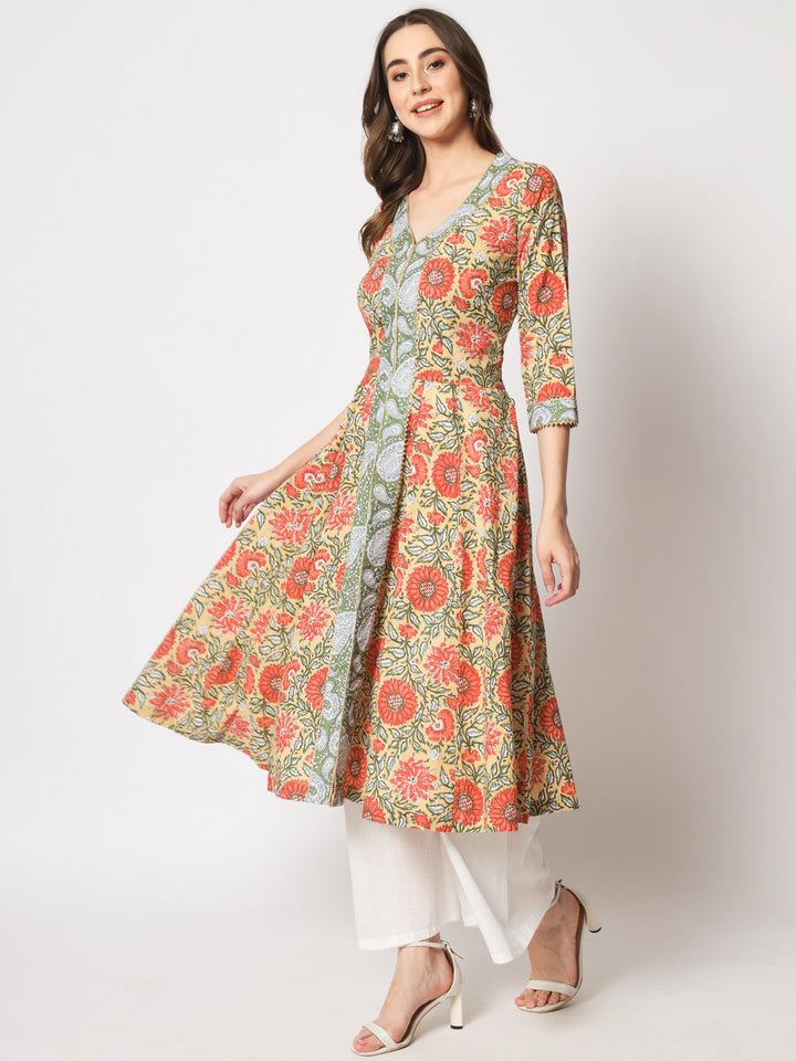 anokherang Combos Beige Floral Jacket Style Anarkali Kurti