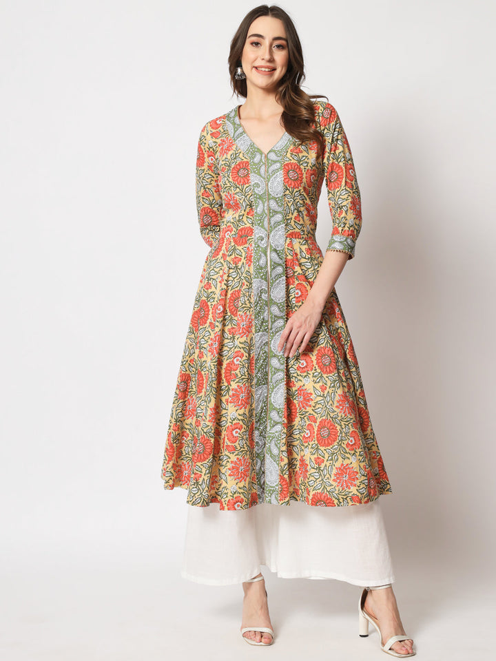 anokherang Combos Beige Floral Jacket Style Anarkali Kurti