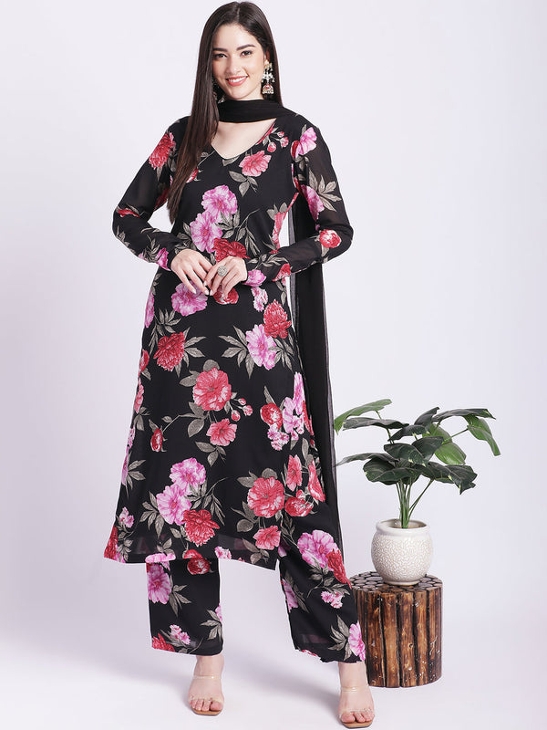 anokherang Combos Black Floral Straight Kurti with Straight Palazzo