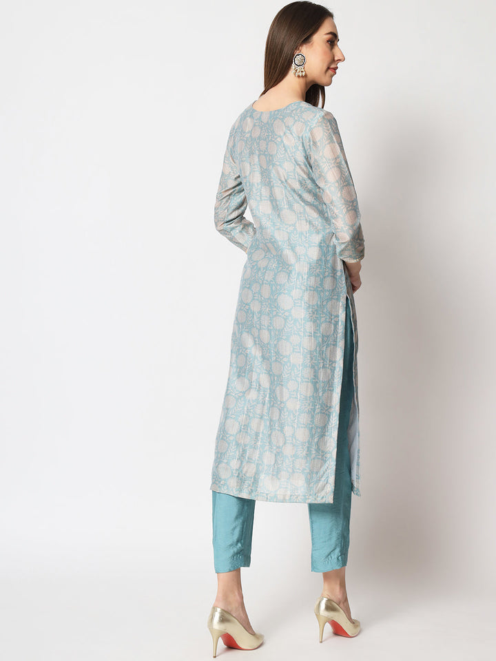 anokherang Combos Blue Lurex Floral Printed Silk Kurti with Straight Pants