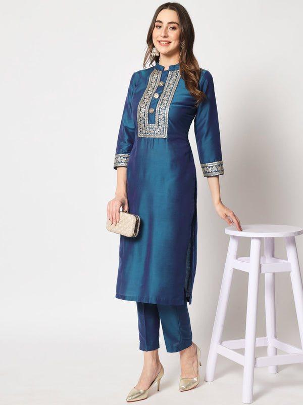 anokherang Combos Blue Magic Straight Kurti with Straight Pants