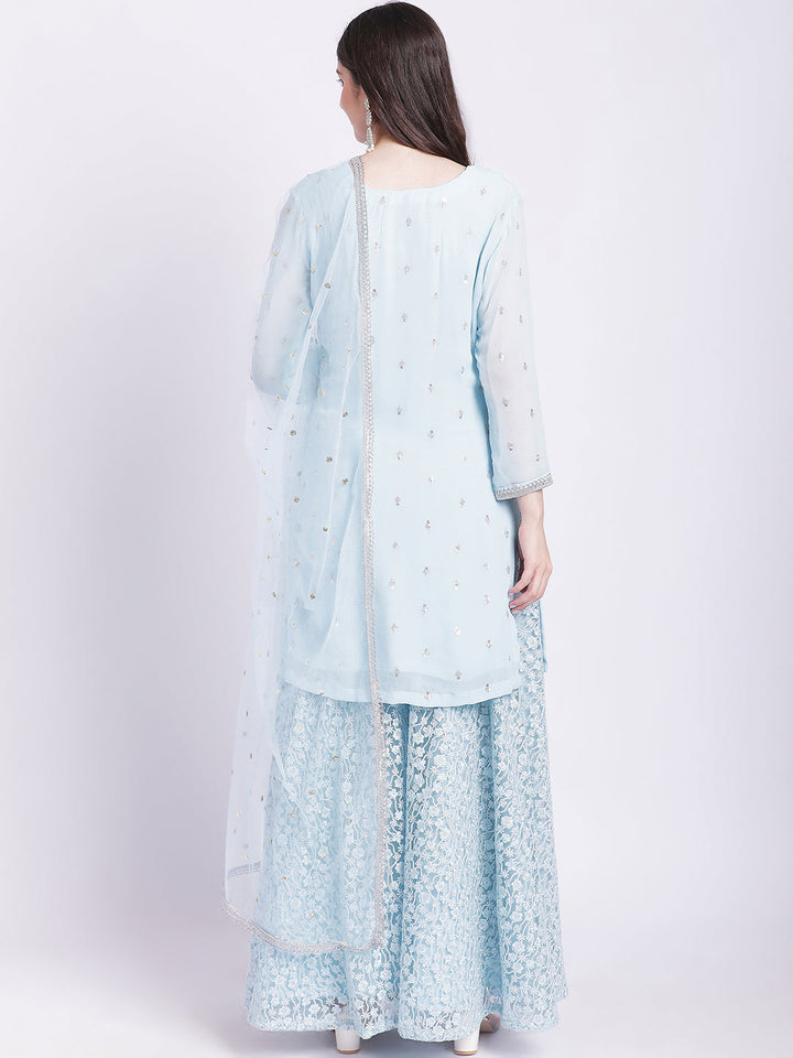 anokherang Combos Blush Blue Kurti with Embroidered Net Palazzo and Dupatta