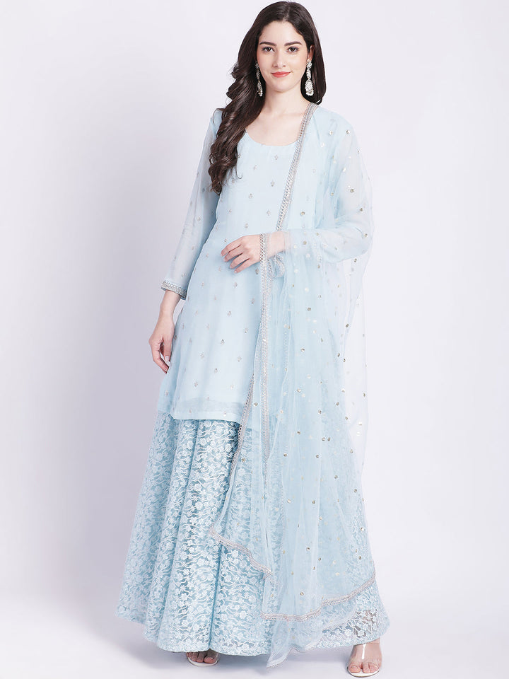 anokherang Combos Blush Blue Kurti with Embroidered Net Palazzo and Dupatta