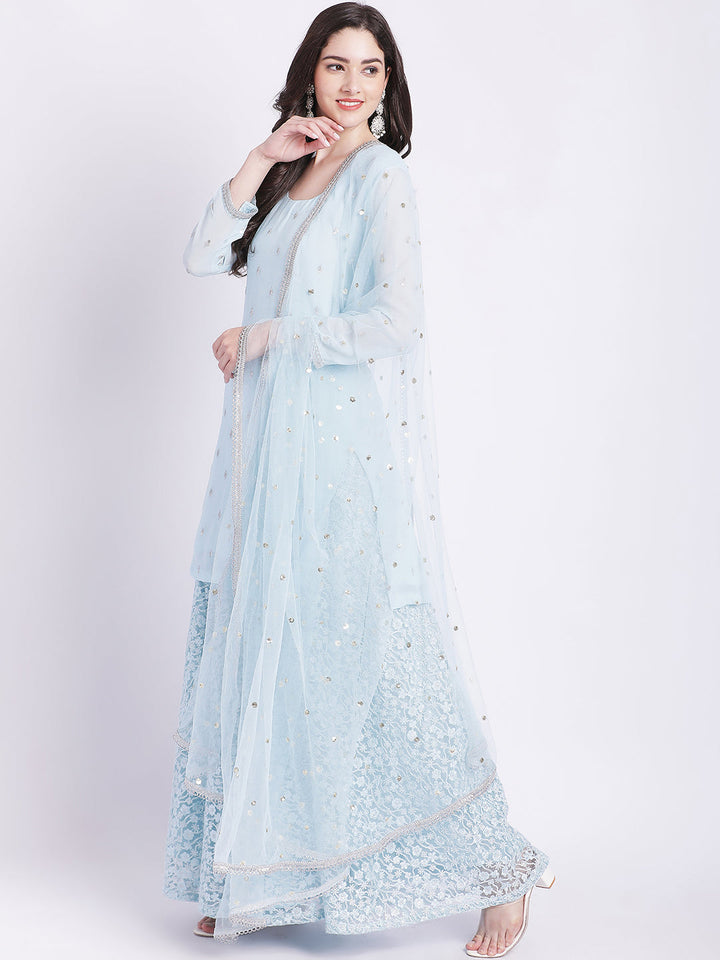 anokherang Combos Blush Blue Kurti with Embroidered Net Palazzo and Dupatta