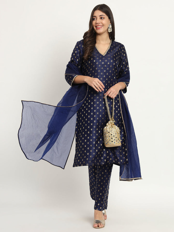 anokherang Combos Bridal Blue Smiles Brocade Kurti with Pants and Organza Dupatta