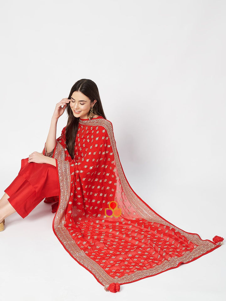 anokherang Combos Bridal Glamour Red Silk Kurti with Straight Pants and Zari Embroidered Georgette Dupatta