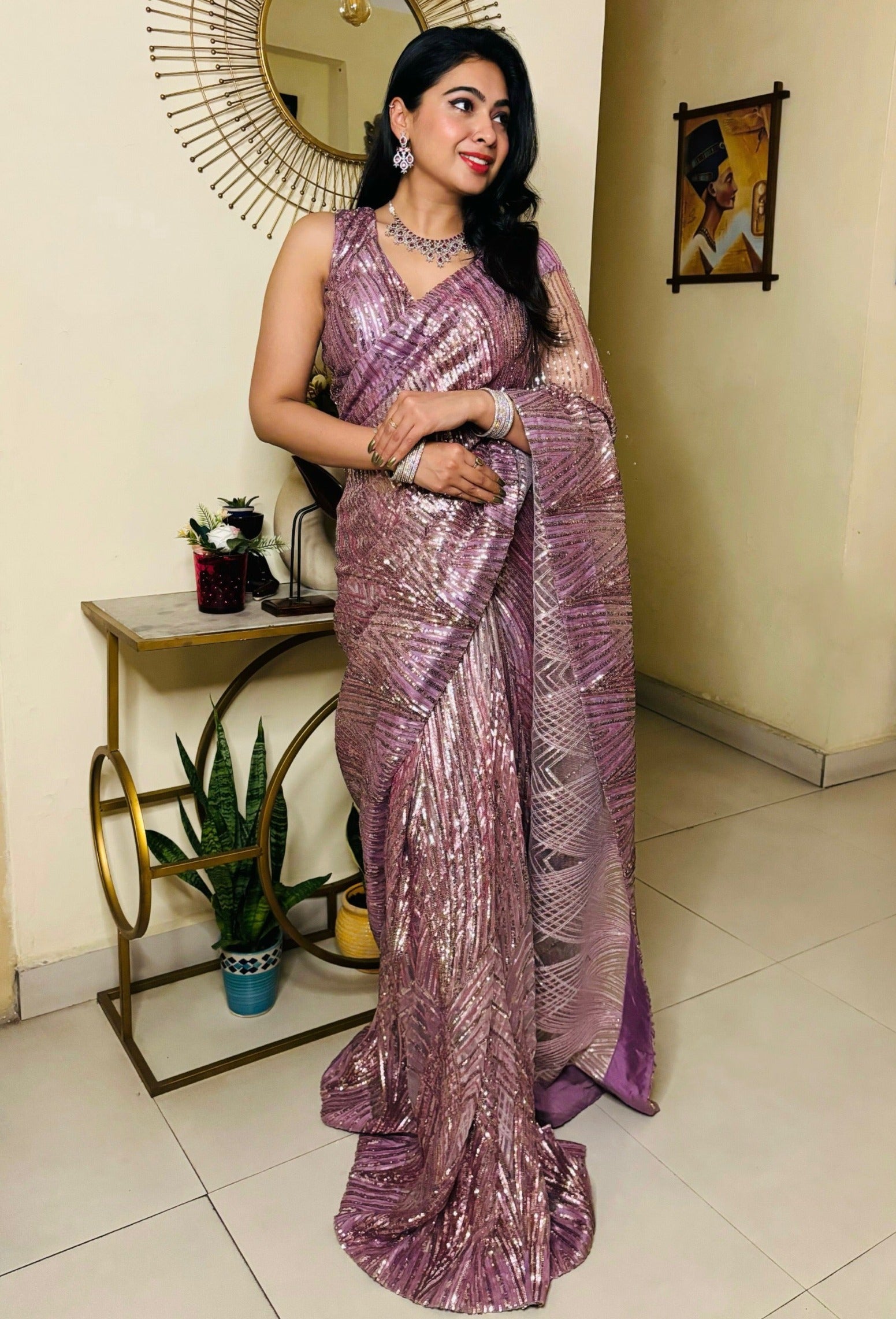 Wine sequins work lycra readymade saree 1015762c | Readymade saree, Wedding  saree indian, Saree