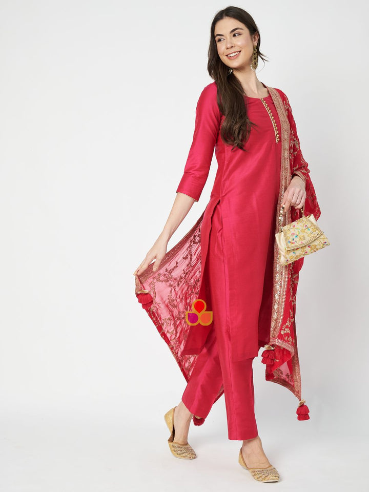 anokherang Combos Bridal Regal Pink Silk Kurti with Straight Pants and Zari Embroidered Chinnon Dupatta