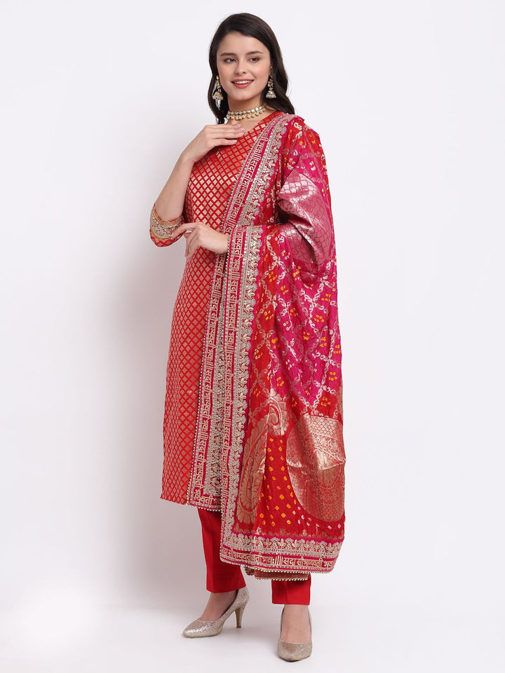 anokherang Combos Bridal Ruby Red Brocade Straight Kurti with Straight Pants and Red Pink Bandhej Dupatta