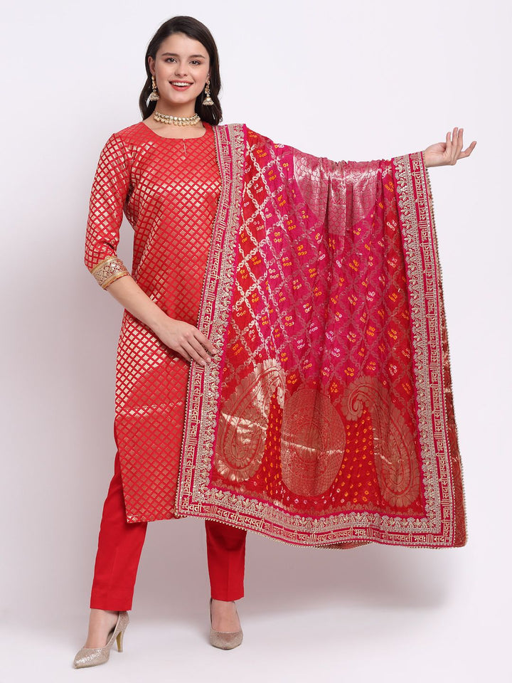 anokherang Combos Bridal Ruby Red Brocade Straight Kurti with Straight Pants and Red Pink Bandhej Dupatta