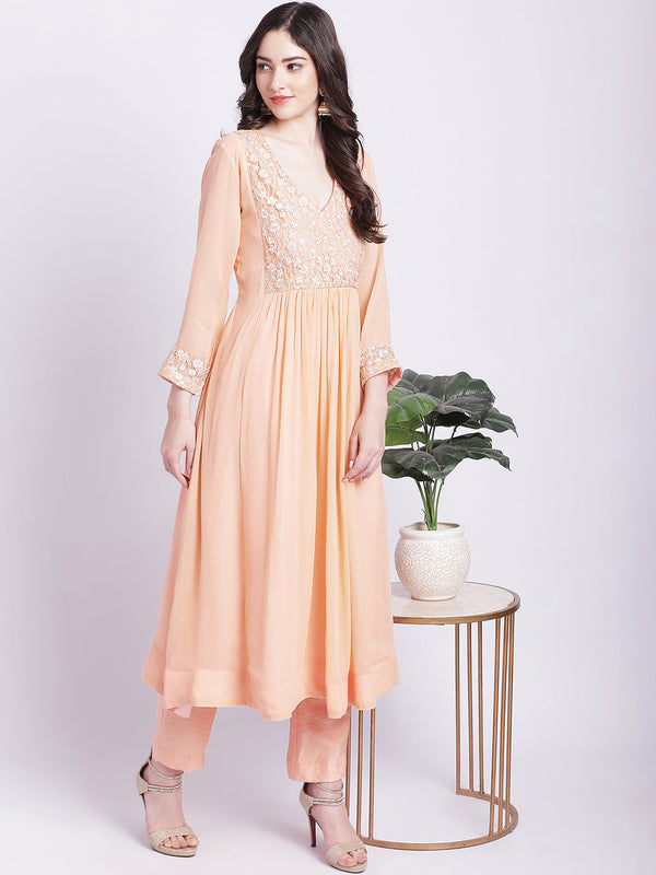 anokherang Combos Champagne Peach Georgette Gathered Kurti