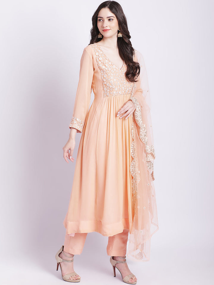 anokherang Combos Champagne Peach Georgette Gathered Kurti with Straight Pants and Scalloped Dupatta