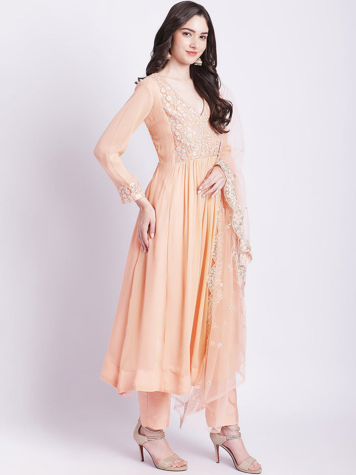 anokherang Combos Champagne Peach Georgette Gathered Kurti with Straight Pants and Scalloped Dupatta