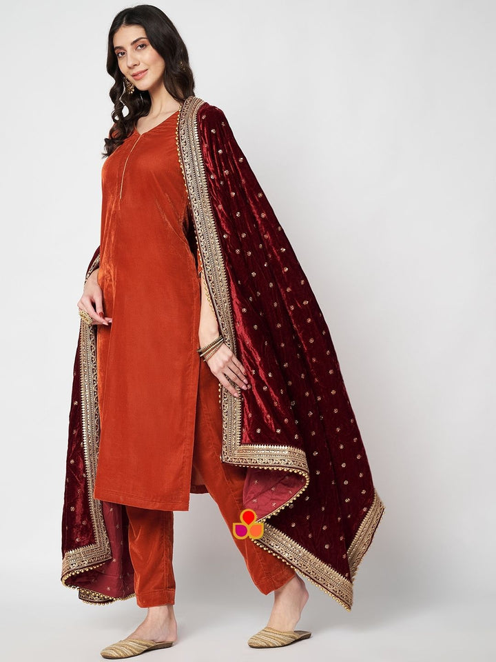 anokherang Combos Classic Rust Velvet Straight Kurti with Pants and Maroon Embroidered Dupatta