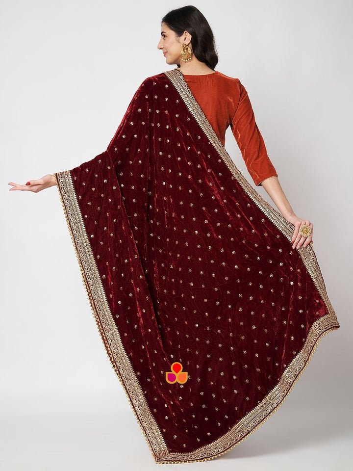 anokherang Combos Classic Rust Velvet Straight Kurti with Pants and Maroon Embroidered Dupatta