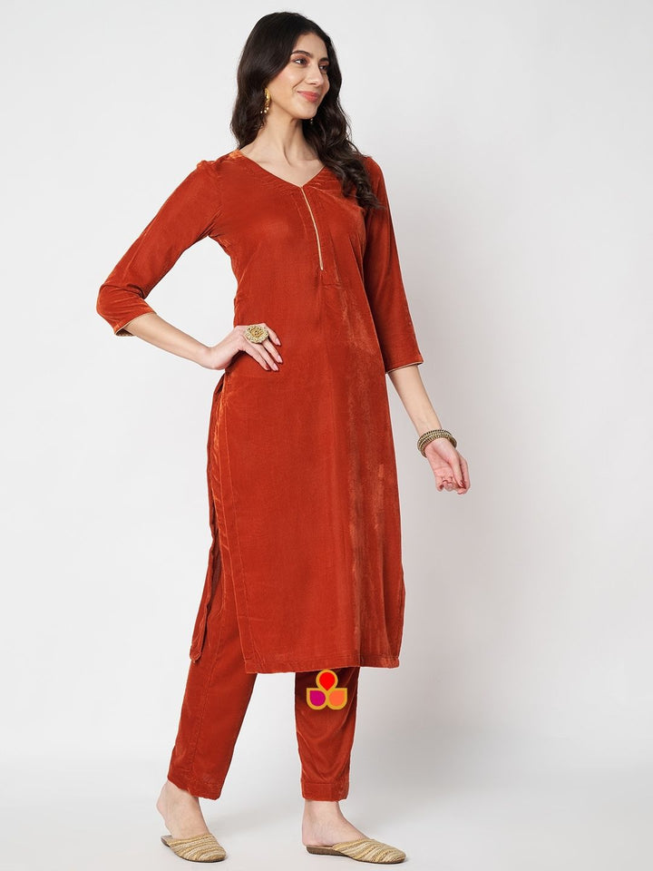 anokherang Combos Classic Rust Velvet Straight Kurti with Pants and Maroon Embroidered Dupatta