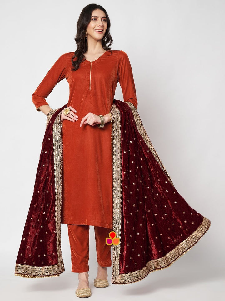 anokherang Combos Classic Rust Velvet Straight Kurti with Pants and Maroon Embroidered Dupatta