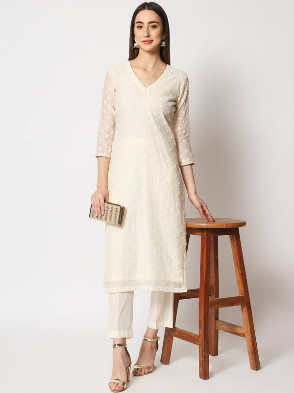 anokherang Combos Copy of Noor Ivory Embroidered Straight Kurti with Straight Pants