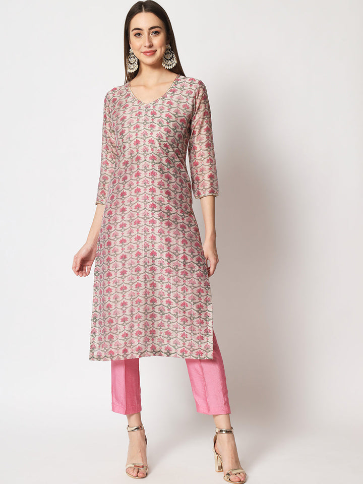 anokherang Combos Copy of Pink Royal Brocade Straight Kurti with Churidar and Net Stone Dupatta