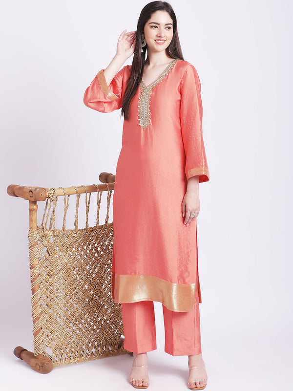 anokherang Combos Coral Silk Zari Straight Kurti