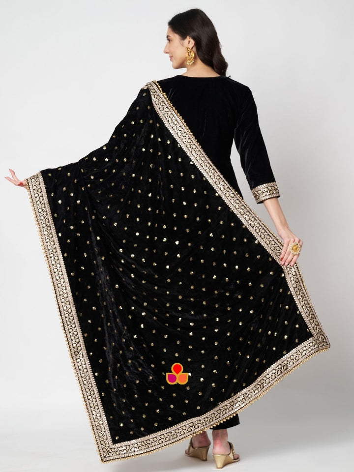 anokherang Combos Dazzling Black Velvet Straight Kurti with Pants and Embroidered Black Dupatta