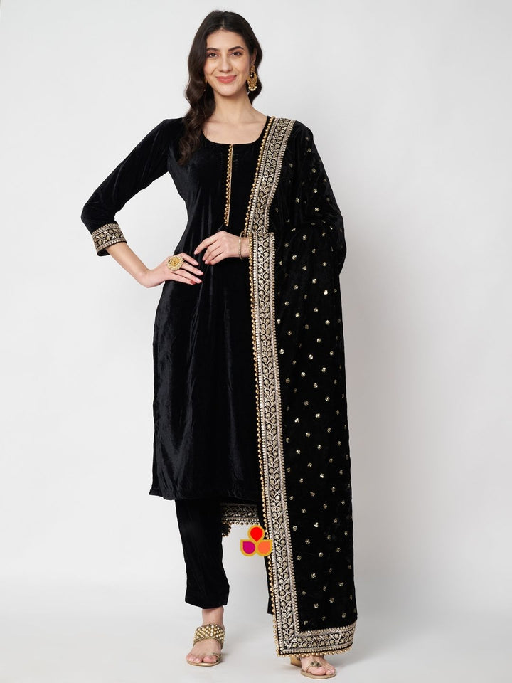 anokherang Combos Dazzling Black Velvet Straight Kurti with Pants and Embroidered Black Dupatta