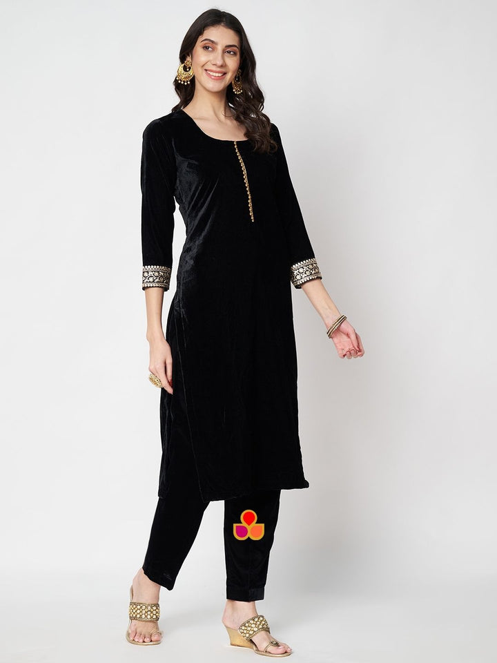 anokherang Combos Dazzling Black Velvet Straight Kurti with Pants and Embroidered Black Dupatta