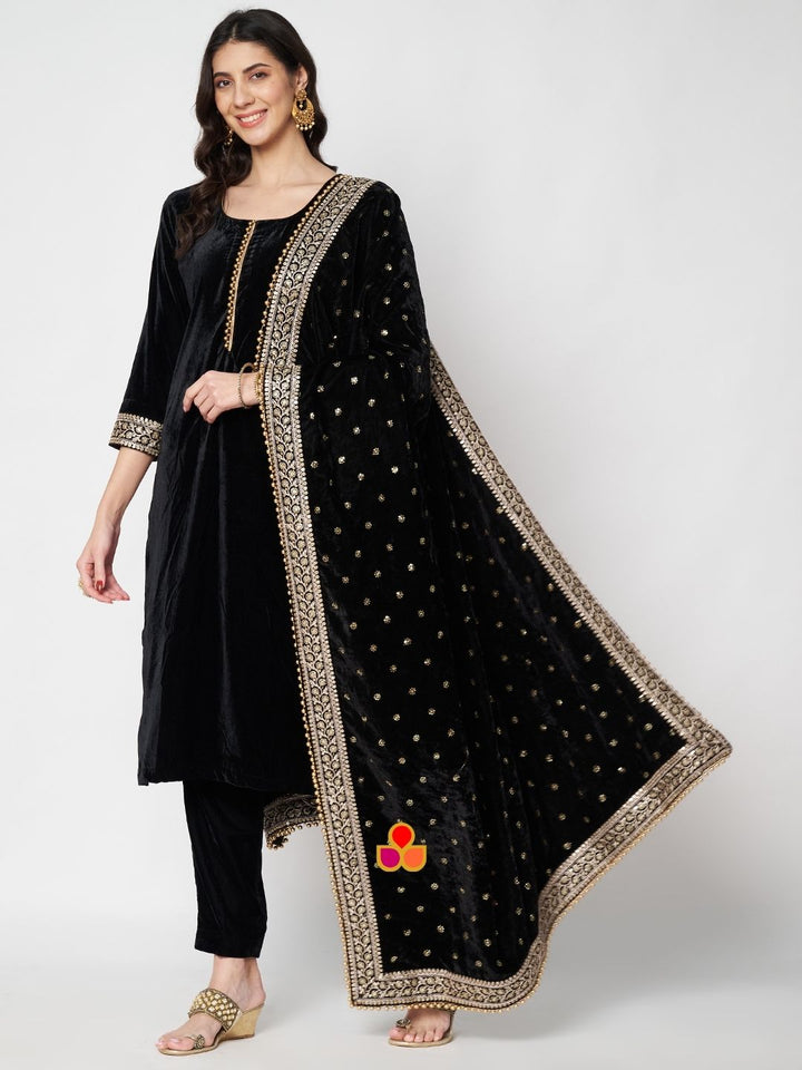 anokherang Combos Dazzling Black Velvet Straight Kurti with Pants and Embroidered Black Dupatta