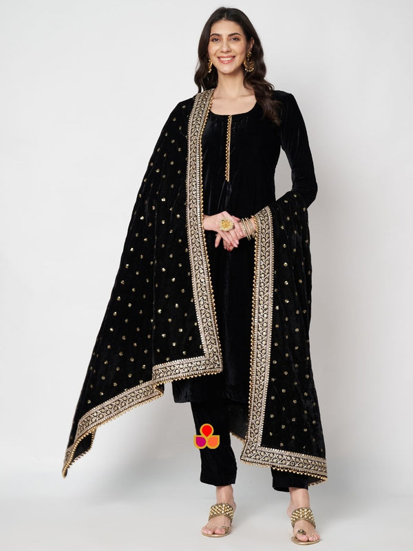 anokherang Combos Dazzling Black Velvet Straight Kurti with Pants and Embroidered Black Dupatta