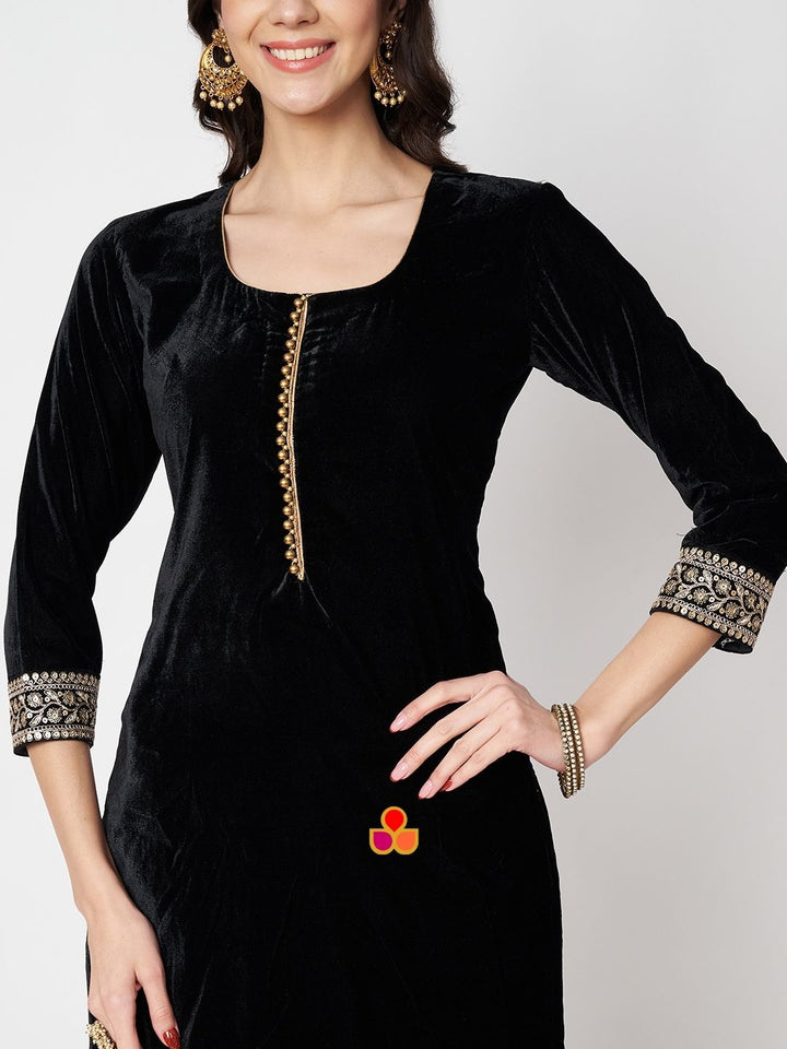 anokherang Combos Dazzling Black Velvet Straight Kurti with Pants and Embroidered Black Dupatta