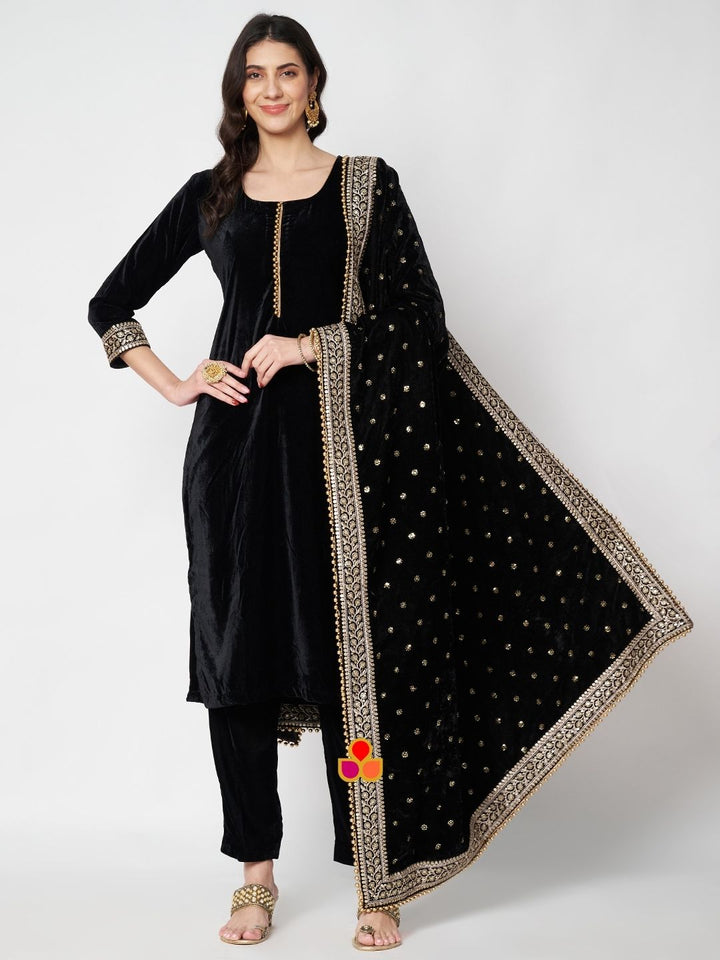 anokherang Combos Dazzling Black Velvet Straight Kurti with Pants and Embroidered Black Dupatta