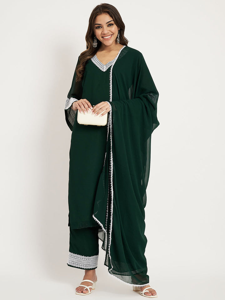 anokherang Combos Deep Green Straight Kurti with Straight Palazzo and Dupatta