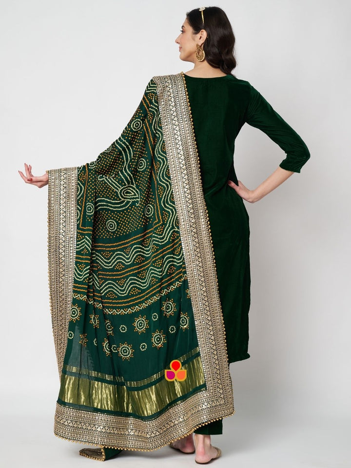 anokherang Combos Deep Green Velvet Straight Kurti with Pants and Embroidered Bandhej Silk Dupatta