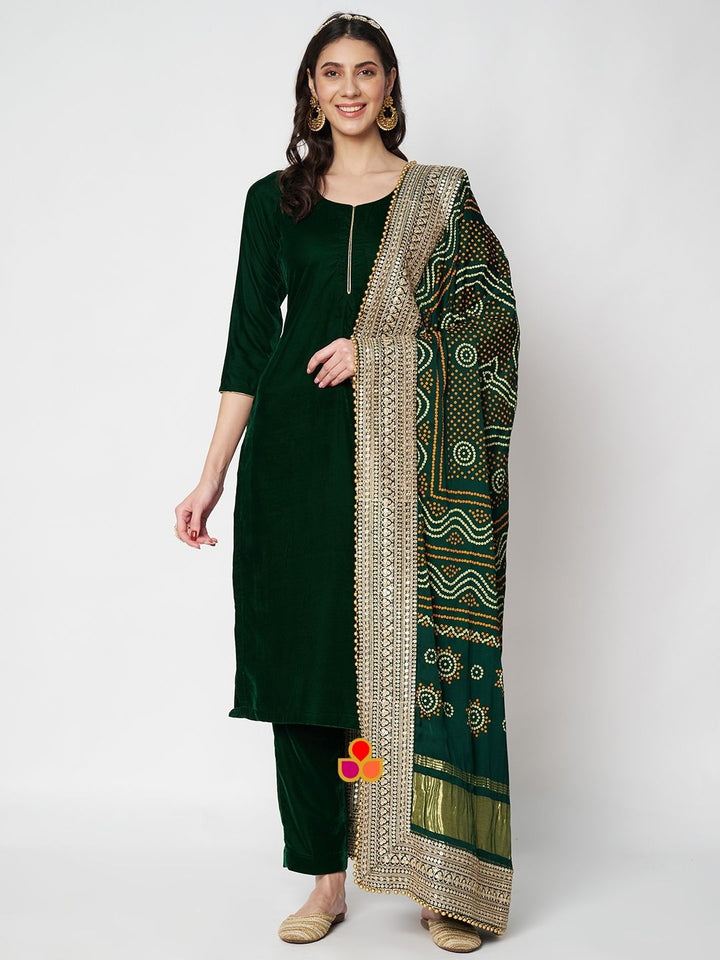 anokherang Combos Deep Green Velvet Straight Kurti with Pants and Embroidered Bandhej Silk Dupatta