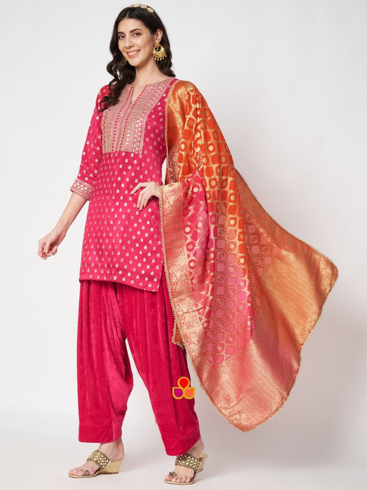 anokherang Combos Deepika Rose Pink Silk Straigh Kurti with Salazzo and Shaded Banarsi Georgette Dupatta