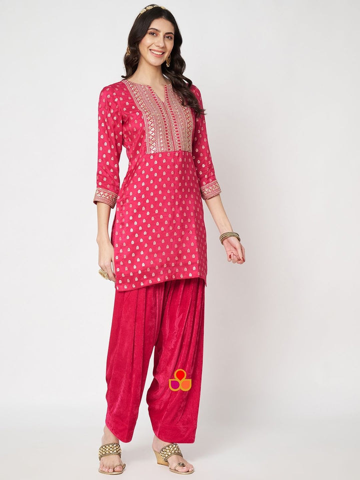 anokherang Combos Deepika Rose Pink Silk Straigh Kurti with Salazzo and Shaded Banarsi Georgette Dupatta